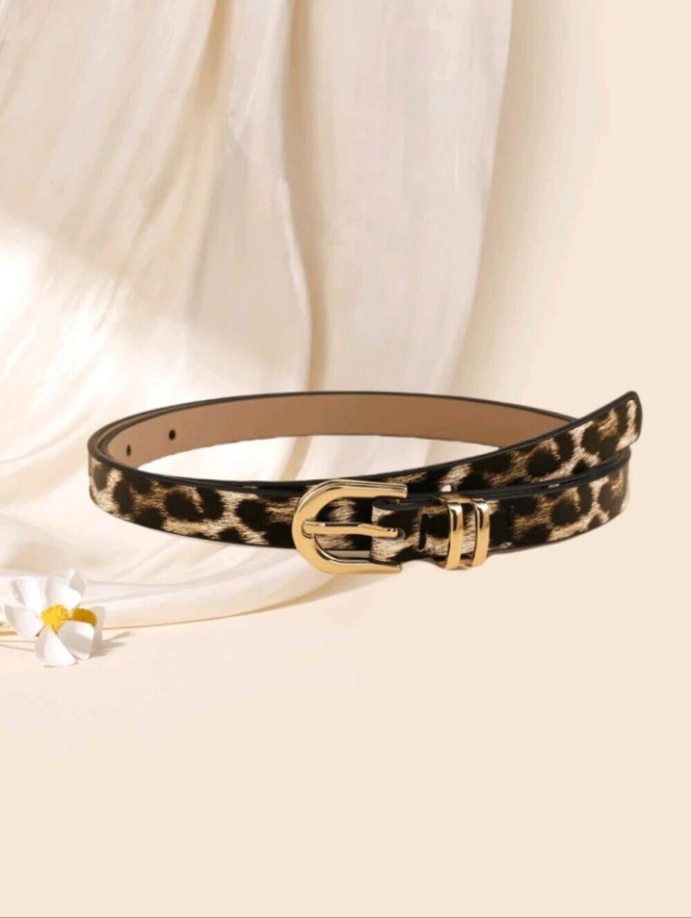 Leopard Print Vegan Leather Skinny Belt with Golden Buckle